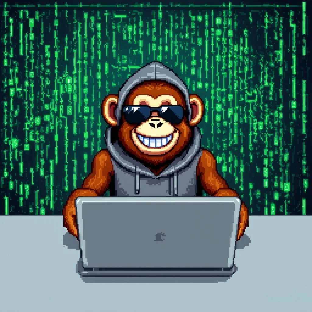 A grinning Monkey sitting in front of a laptop, hacking systems, wearing a hoodie and sunglasses. Matrix in background. Pixel Art. Profile Picture. Avatar. Pixel
