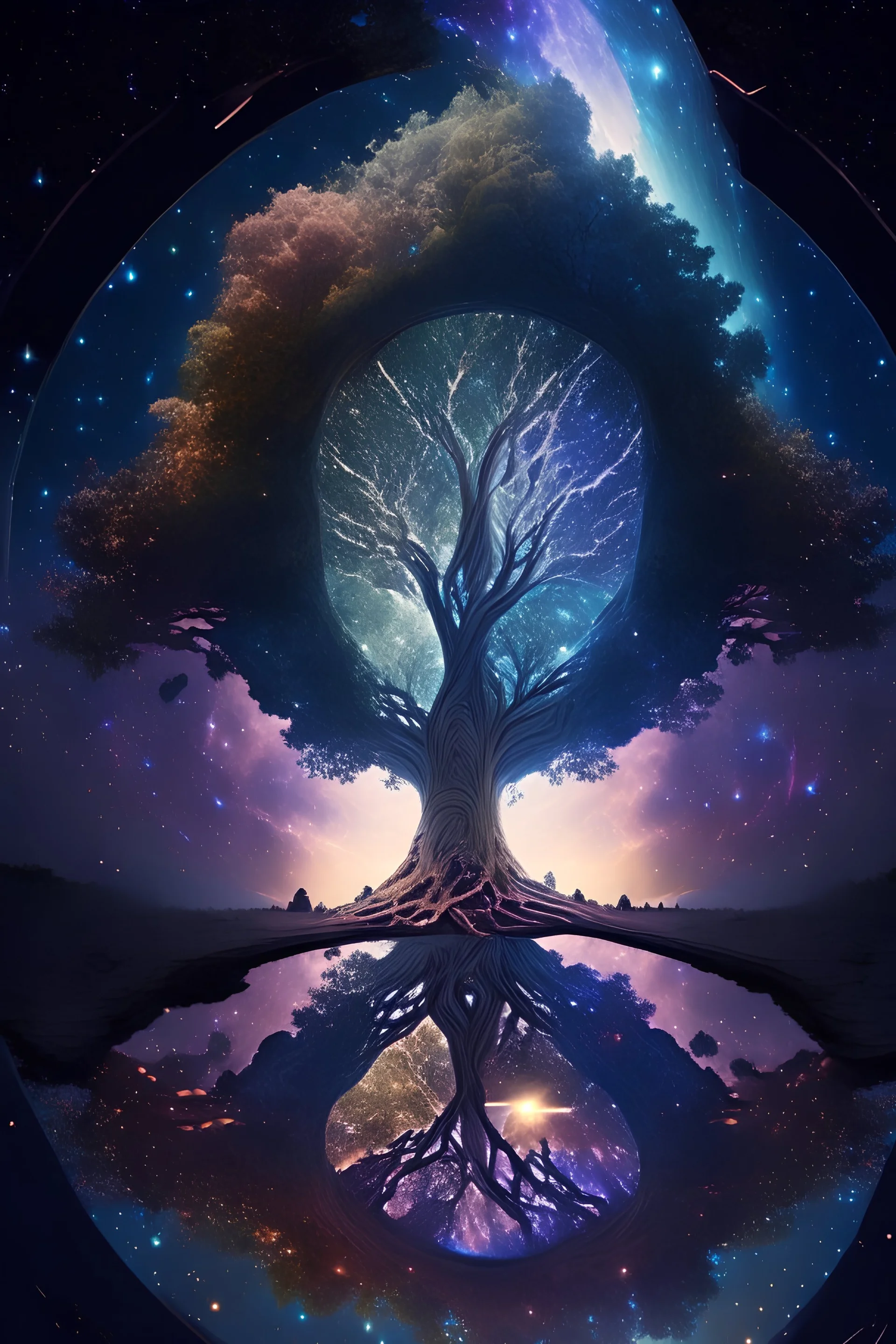 Cosmic Mirror Tree, A Spiritual Nexus Bridging Heaven, Earth, and the Universe, 4k, high resolution
