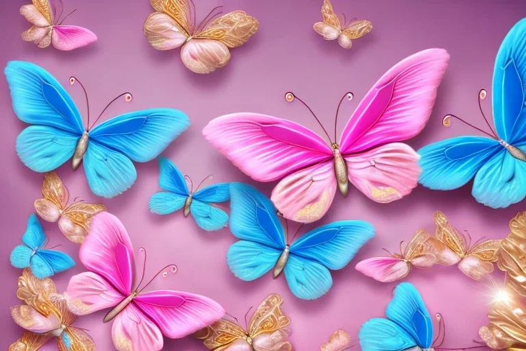  gold background, rise of soft blue and pink butterflies