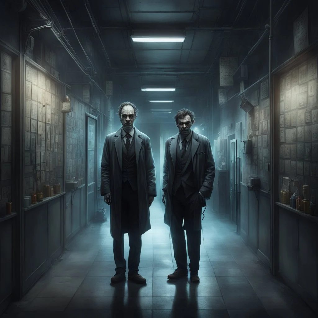 Hyper Realistic Dr Jaykill & Mr. Hyde in a hallway of a dark & huge chemical laboratory at night