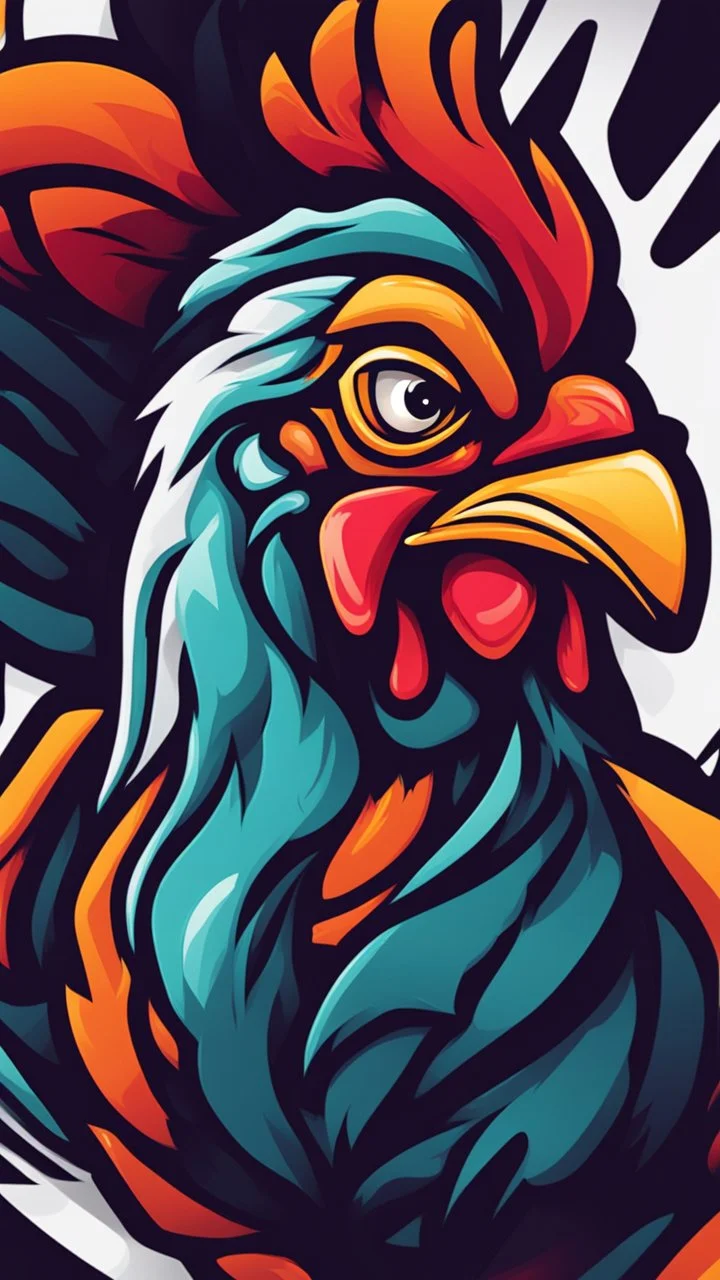 Create a bold and vibrant gaming logo featuring a chicken, with a dynamic composition, bright colors, and dynamic lighting