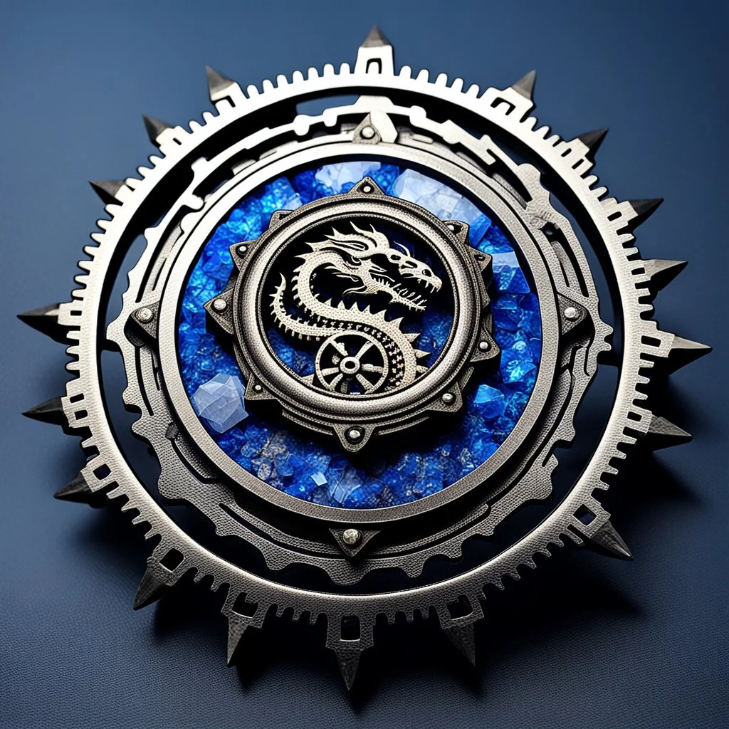 broach, simplistic dwarven engraved mechanical gear wheel, coat of arms with dragon wrapped around the border, material azurite crystal and black steel