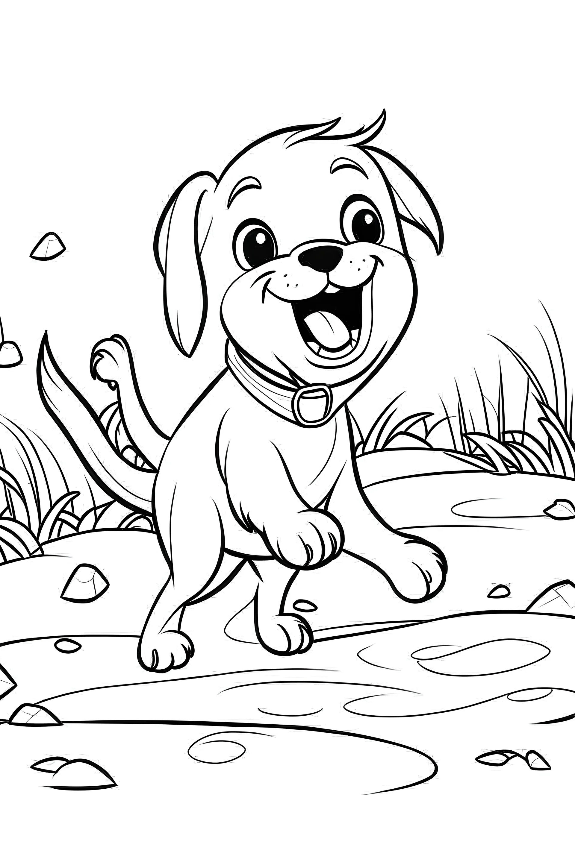 Imagine a very simple coloring book page with a happy puppy, jumping to catch a frisby, black line, high quality, no shading, no color, for kids around 5 years old, with a bleed