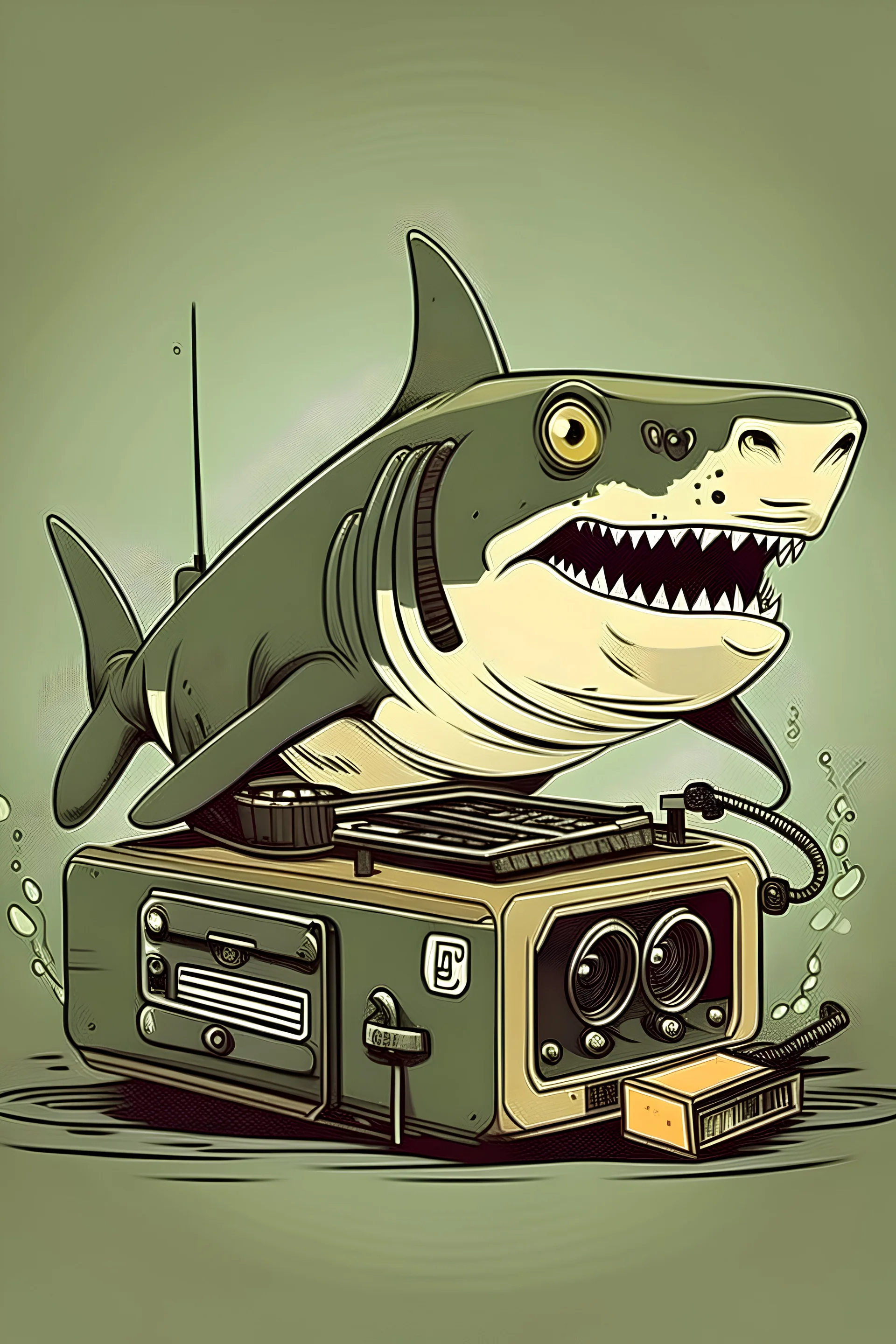 potrait shark with gun with army radio