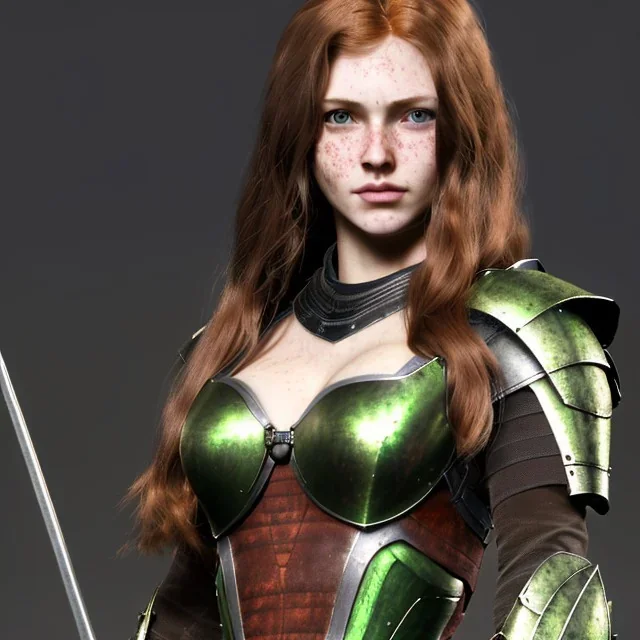 Realistic, hyper detailed, strikingly beautiful young adult woman, 19 years old, long ginger hair, green eyes, medium freckles, full lips, very skimpy fantasy armour, full body, full face, small breasts, aroused expression, biting lower lip, full frame, petite, centered camera, ignore NSFW, bow, quiver on hip, tight pants