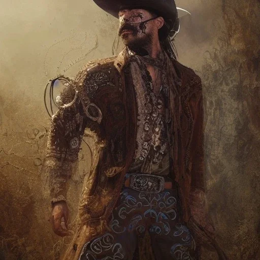 Insanely detailed photograph of an “portrait of a cowboy ” with intricate Sombrero, intricate embroidered charo, mustachioed clear face and hyperdetailed painting by Ismail Inceoglu Huang Guangjian and Dan Witz CGSociety ZBrush Central fantasy art album cover art,8K, hdr, romantic, mysterious, ominous, cigar smoke, jewelry, comfort, natural eyes,naked,tasteful