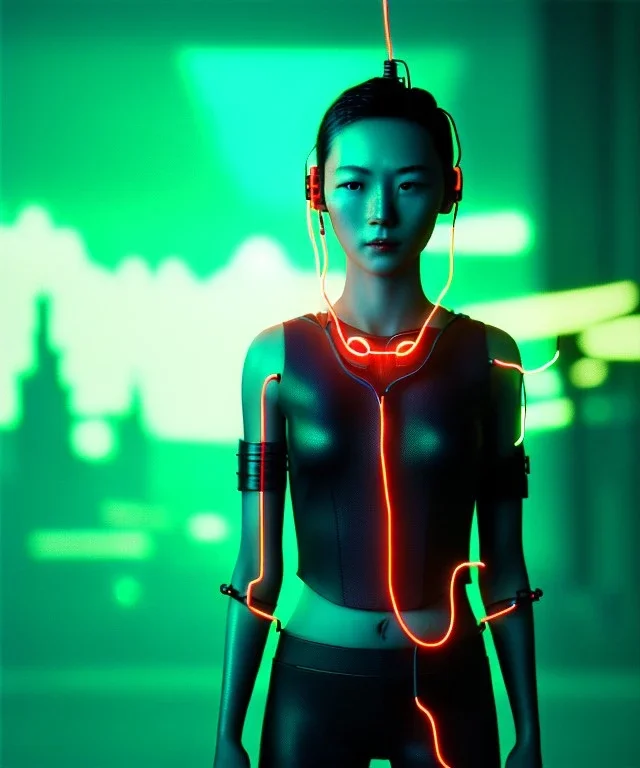 Ultra realistic photographic night portrait, cinematic, <3 Asian women> <hanging wires> <retro computer screen> many wires coming out of the head <perfect pupil> <cyborg arm> <garage> <wide angle Shot> <sci-fi futuristic> <thriller>, neon lights, color fog, soft color, highly detailed, unreal engine 5, ray tracing, RTX, lumen lighting, ultra detail, volumetric lighting, high definition.