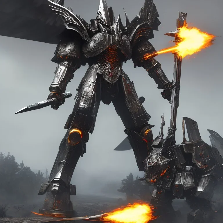 Winged Warrior Knight in black metal mech armor wielding two swords ready to fight, symetrical, centered, rage, sorrow, high definition, ultra 8K, volumetric lighting, blue fire, fog, extremely detailed, hyper realistic