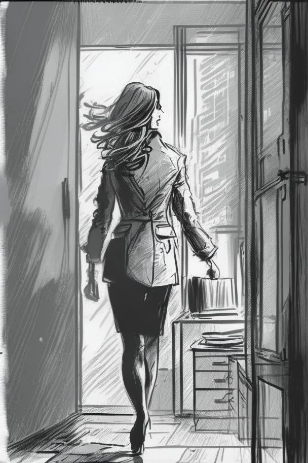 woman walking away out of someone's office with big windows sketch style