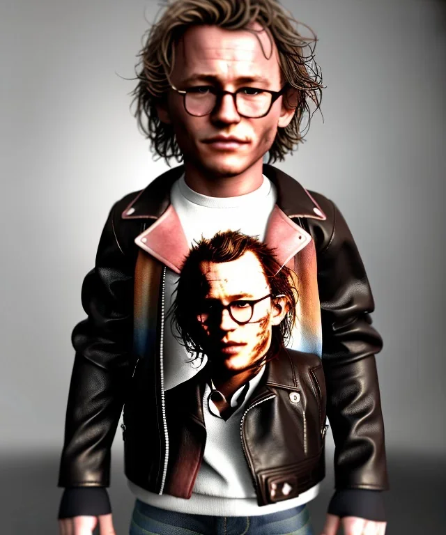 Heath ledger toddler, full body, sneaker, leather jacket, floral shirt, soft skin, dramatic lighting, hyper realistic