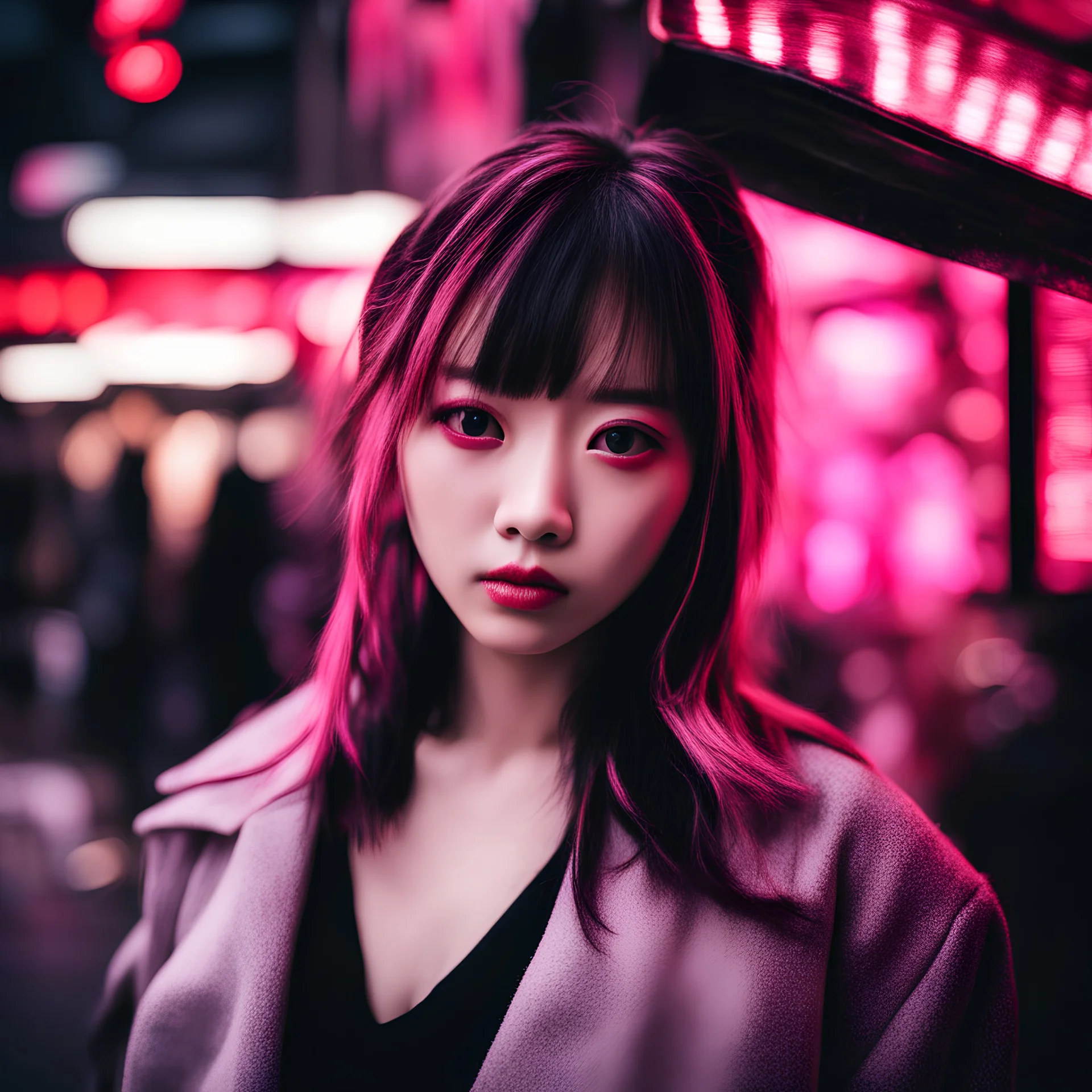 photo, real, model, closeup, female, face, art, fantasy, pink, black, red light district, tokyo, city, beautiful style, Japan, vivid