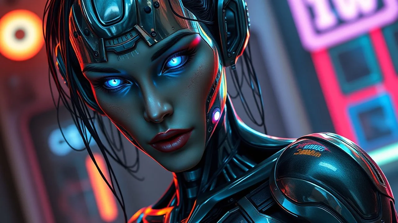 Futuristic concept art of a seductive woman android, realistic and detailed metallic body, glowing blue eyes, intricate circuitry designs on skin, by Simon Stålenhag and Ashley Wood, (long shot), vibrant neon lights in background.