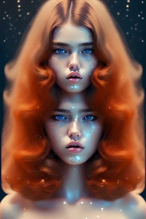 1970's porno model, cute, big droopy eyes, pouty wet lips, angelic face with minor blemishes, beautiful, long orange flowing hair, wavy hair, curly hair، black eyes, distant POV, low angle shot, cinematic, misty atmosphere, 8k, resolution concept art portrait by Greg Rutkowski, Artgerm, WLOP, Alphonse Mucha dynamic lighting hyperdetailed intricately detailed, bokeh, Stunning 8k ektar film scan, rim light, volumetric lighting