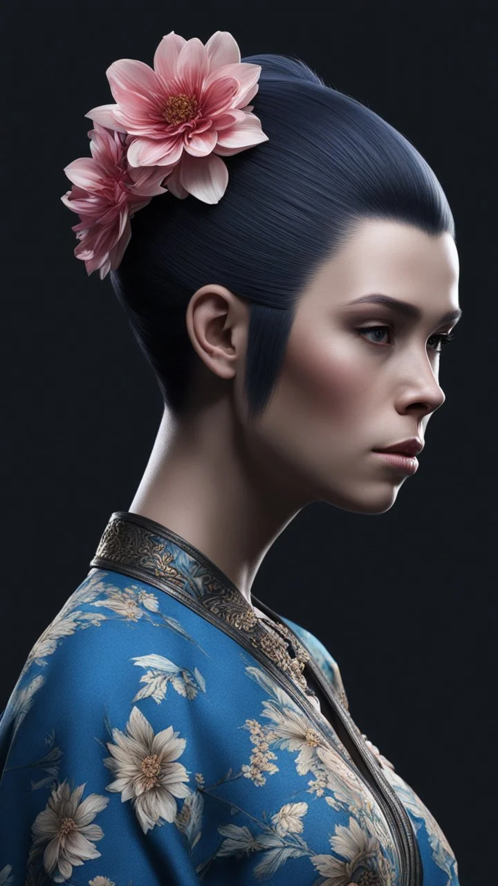 mugshot, Planet of the Apes, blue, large, floral designs, atmospheric, beautiful, China Doll, , dark background, mid shot, full body, neutral expression, buzzcut hair, ultra realistic, highres, superb, 8k wallpaper, extremely detailed, intricate, limited palette,