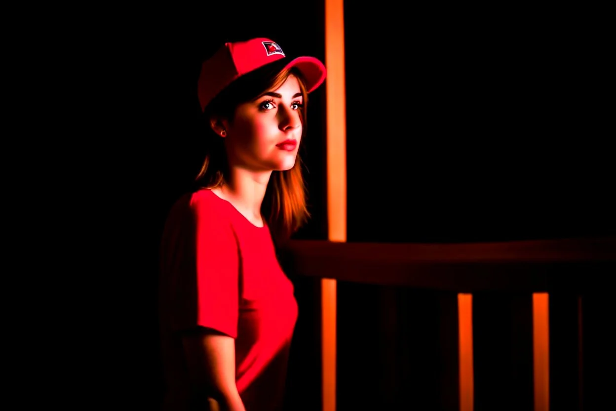 woman with a red baseball hat. leaning on a wooden balcony.night time. studio lightining.