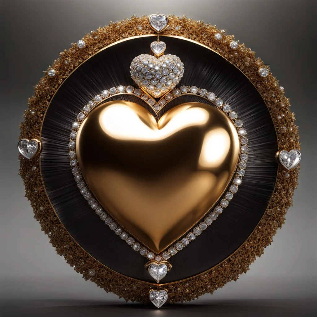 A magnificent golden and silver heart-shaped sign adorned with a stunning golden sphere encrusted with sparkling diamond clusters at its center, elegantly spinning in position.