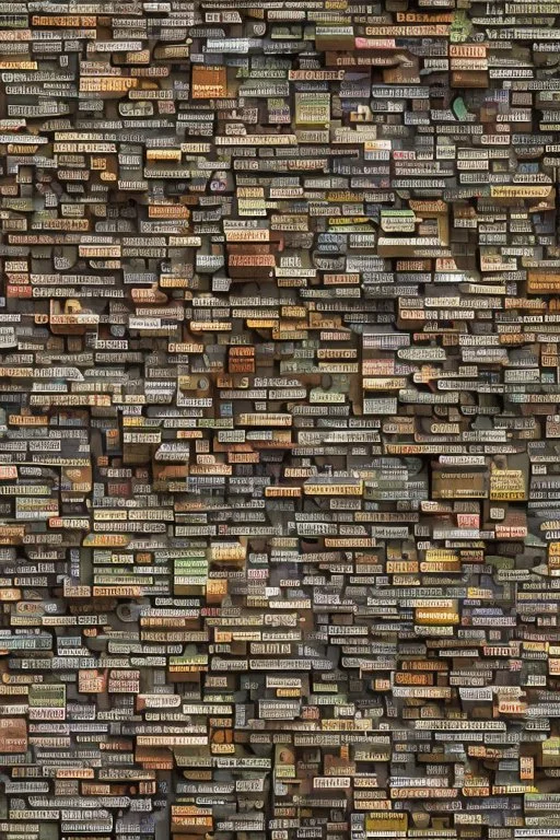 A brick wall made up of words and letters of the English alphabet, Many letters, abstraction. A high-resolution image of 8 K.