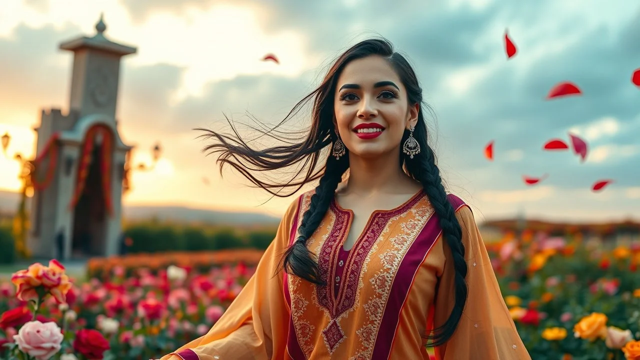 Hyper Realistic Photographic Close View Of A Beautiful Pashto Woman (With Beautiful Eyes Lips & Nose, & Long Black braid Hairstyle Whirling; Wearing Beige & Orange Gradient Frock With Maroon & Purple Stripes & white embroidery) Happily Whirling & Dancing In A Beautiful Colorful Flower Garden With Fancy Stone Arches & Rose Petals Whirling At Beautiful Cloudy Sunset Showing Dramatic & Cinematic Ambiance.