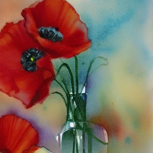 Red poppies in a crystal vase, void, aquarelle painting