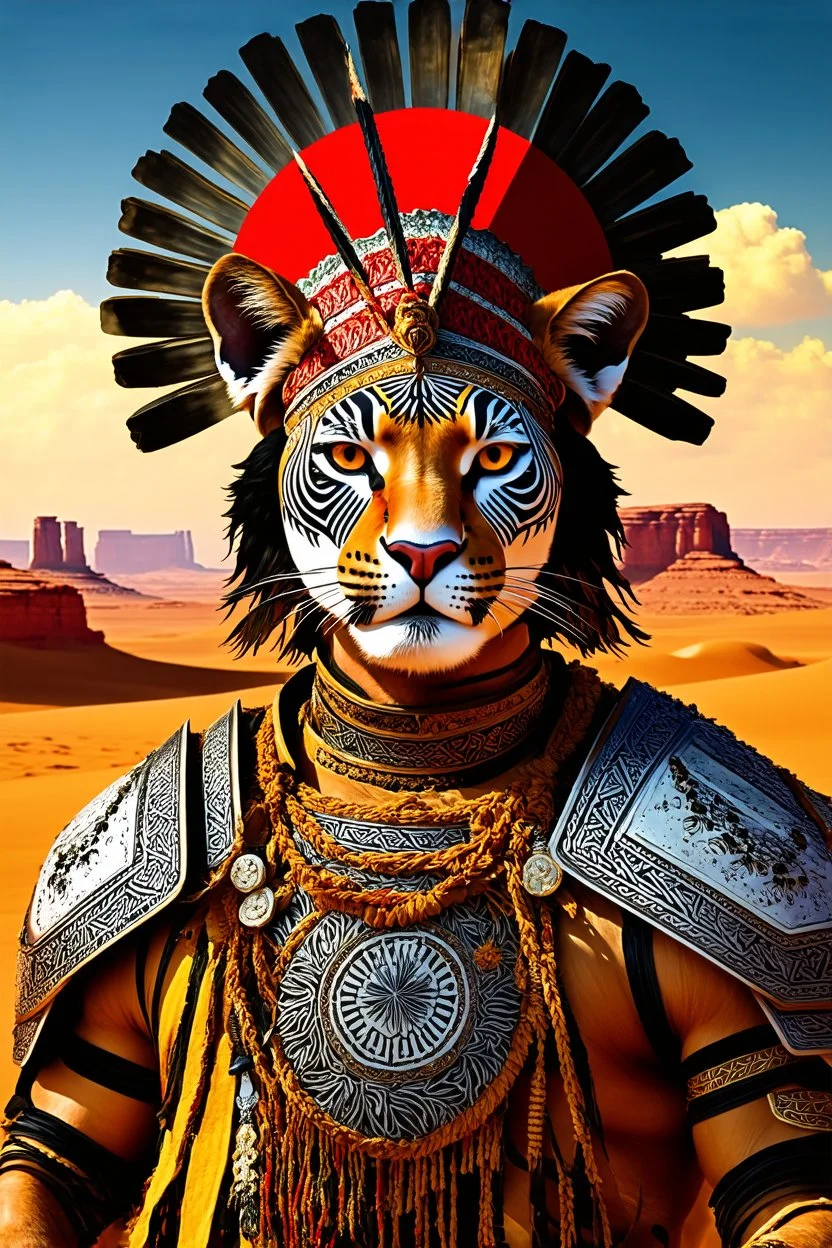 Striking portrait of Nantli warrior as anthropomorphic puma, adorned with intricately designed traditional armor and headdress. His face, painted with black and white patterns, radiates a fierce and determined expression. A red sun adorns his headdress, symbolizing strength and power. The background, a vast, golden desert landscape, with a sun setting behind some rocky outcrops