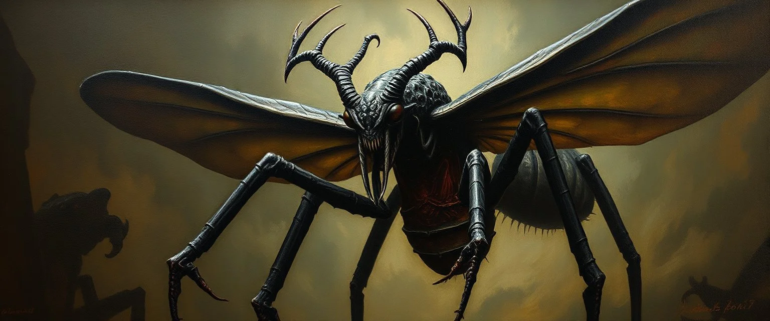 master oil painting by Rembrandt, insectoid Nephilim fascist trauma watchers in the style of Giger