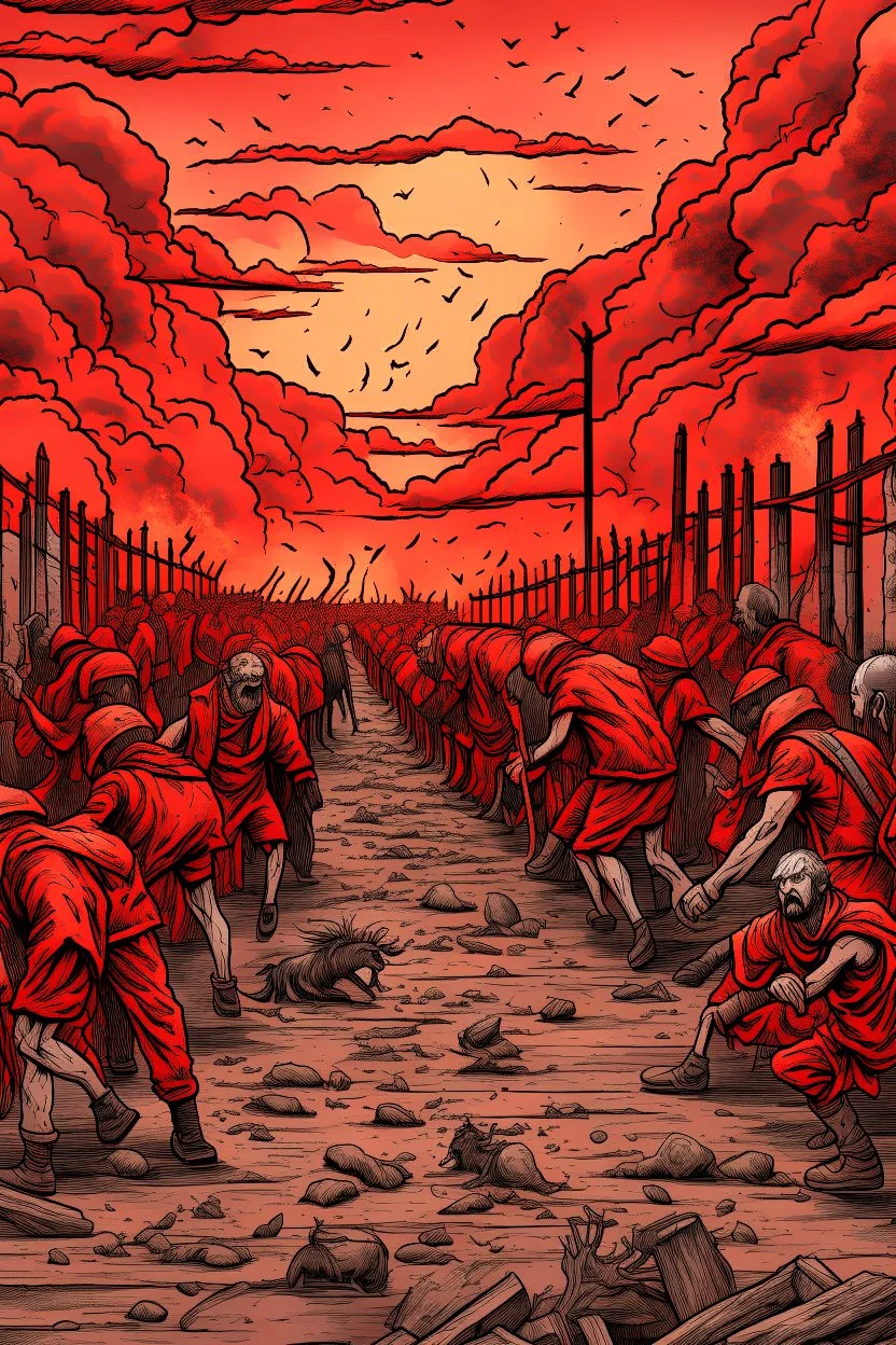 A lot of Prisoners line up in hell in front of a big wall , red clouds in the sky with huge amount of dead people laying on the ground