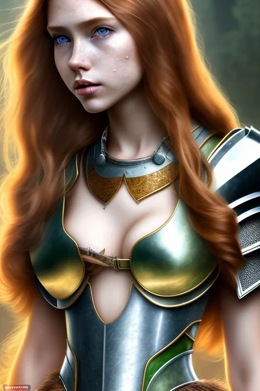 hyper realist, hyper detailed, stunningly beautiful 12 year old girl, long ginger hair, green eyes, medium freckles, full lips, skimpy leather armor, full body and head, a-cup breasts, stern expression, full frame, petite, ignore NSFW