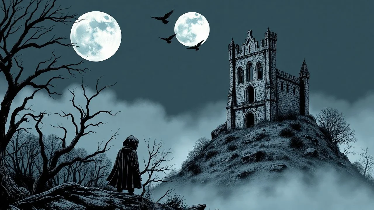 detailed graphic art, ruined gothic castle standing on a hill on the right side of the composition, full moon in the night sky, a few raven silhouettes flying near the moon, thick mist surrounding the hill, dark forest on the left side with twisted bare trees, a solitary black hooded figure standing at the forest edge looking toward the castle, mysterious atmosphere, ancient forgotten ruins, dark fantasy aesthetic, detailed linework