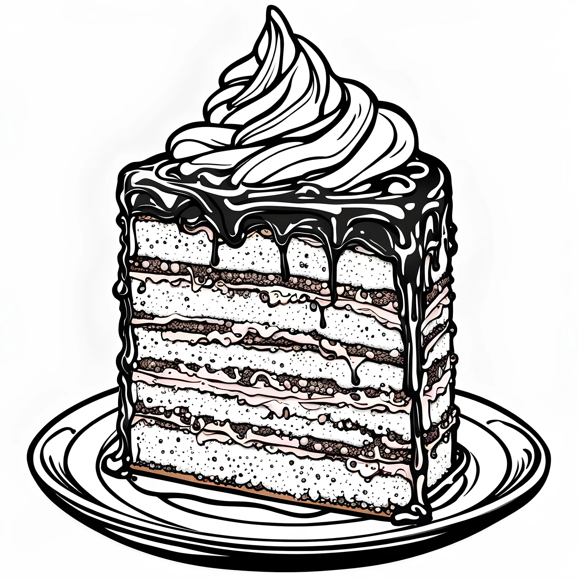 create a coloring book page of a slice of cake, black and white, high contrast, easy to color, bold outline
