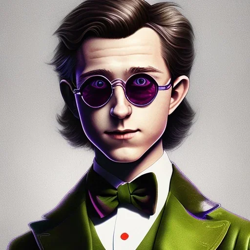 tom holland willy wonka, evil, sunglasses, top hat, cowl