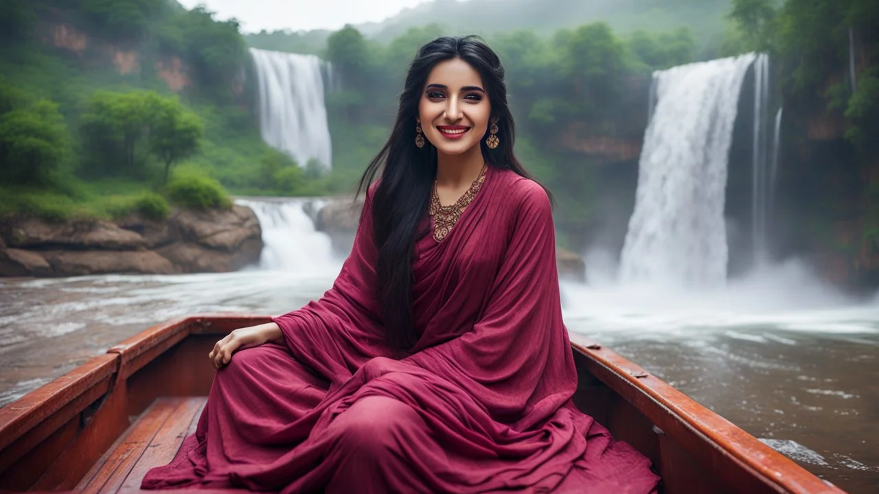 Hyper Realistic Photographic View Of A Gorgeous Pashto Girl (Wearing Simple Maroon Colored Dress & Wearing Plain Pink Dupatta On Her Neck) Happily Sitting & Smiling On A Boat & Showing Her Long Black Hair On The River With Beautiful Waterfall At The Back, At Heavy Rainy Weather Showing Dramatic & Cinematic Ambiance.