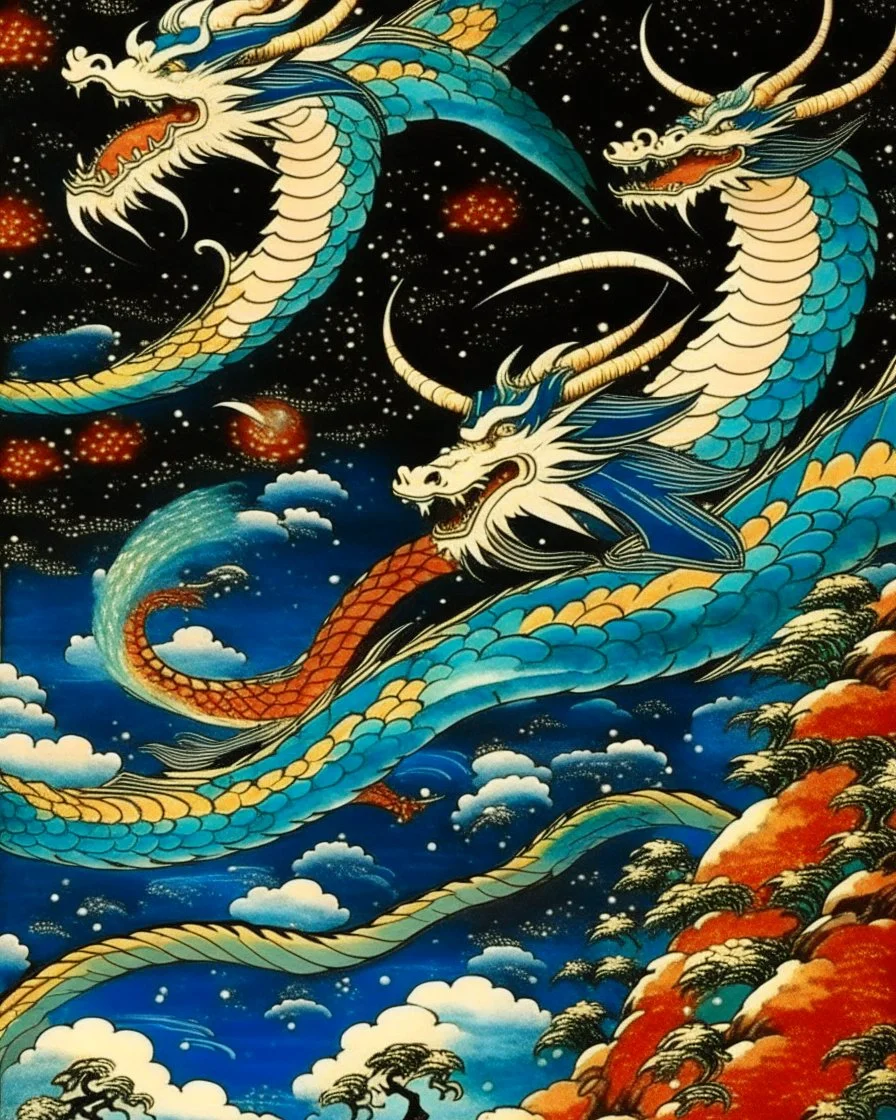 A galaxy with space dragons painted by Utagawa Hiroshige