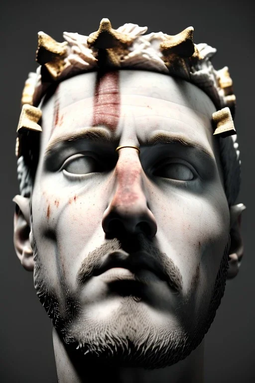 Ultra Realistic image, Roman sculpture, white marble material, Lionel Messi, gold crown of natural thorns, god crown, Renaissance style, sun rays background, waist up portrait, epic, celestial, cinematic lighting, God lights, 4k resolution, smooth details, soft lighting, unreal engine 5, art station, substance 3d.