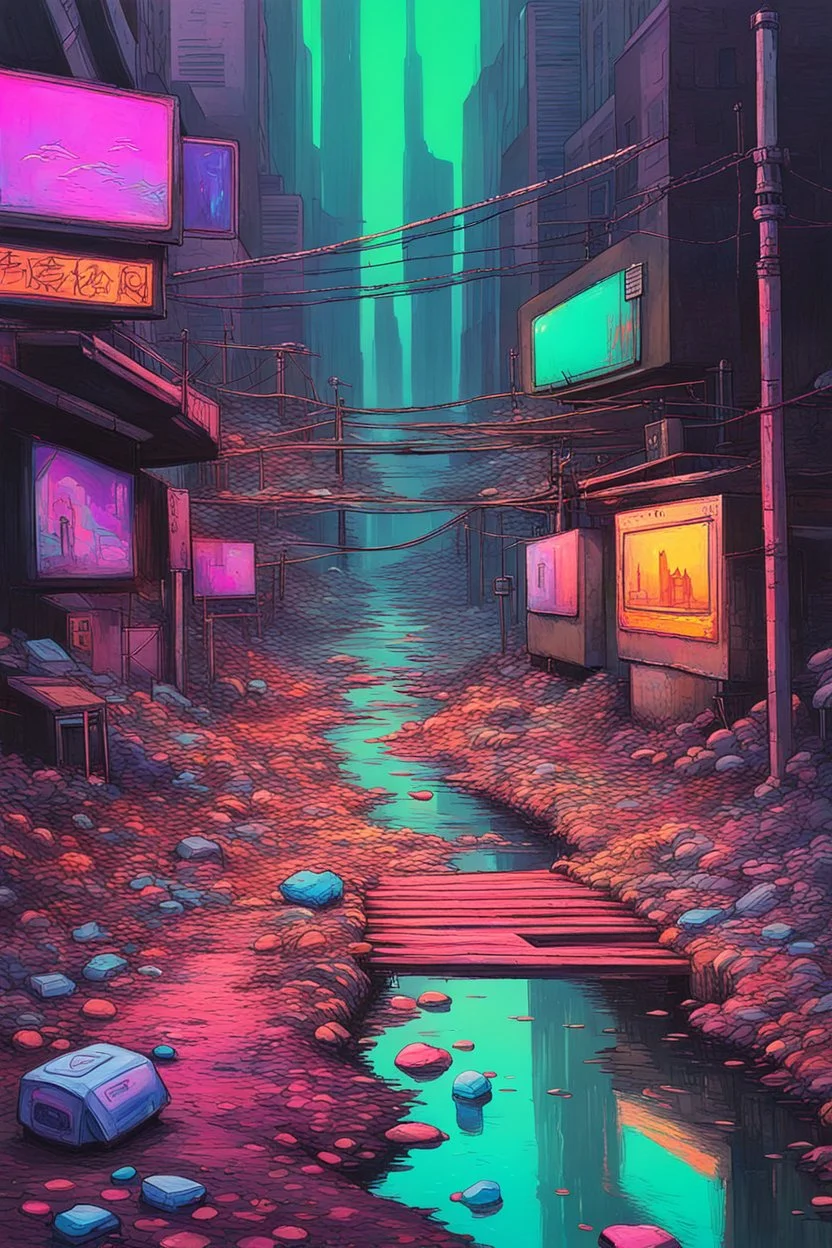 painting of a cyberpunk colourful natural walkway rubbish on the street in the city with pollution and a small bridge by a creek by monet and replicant dreams androids and electric sheep