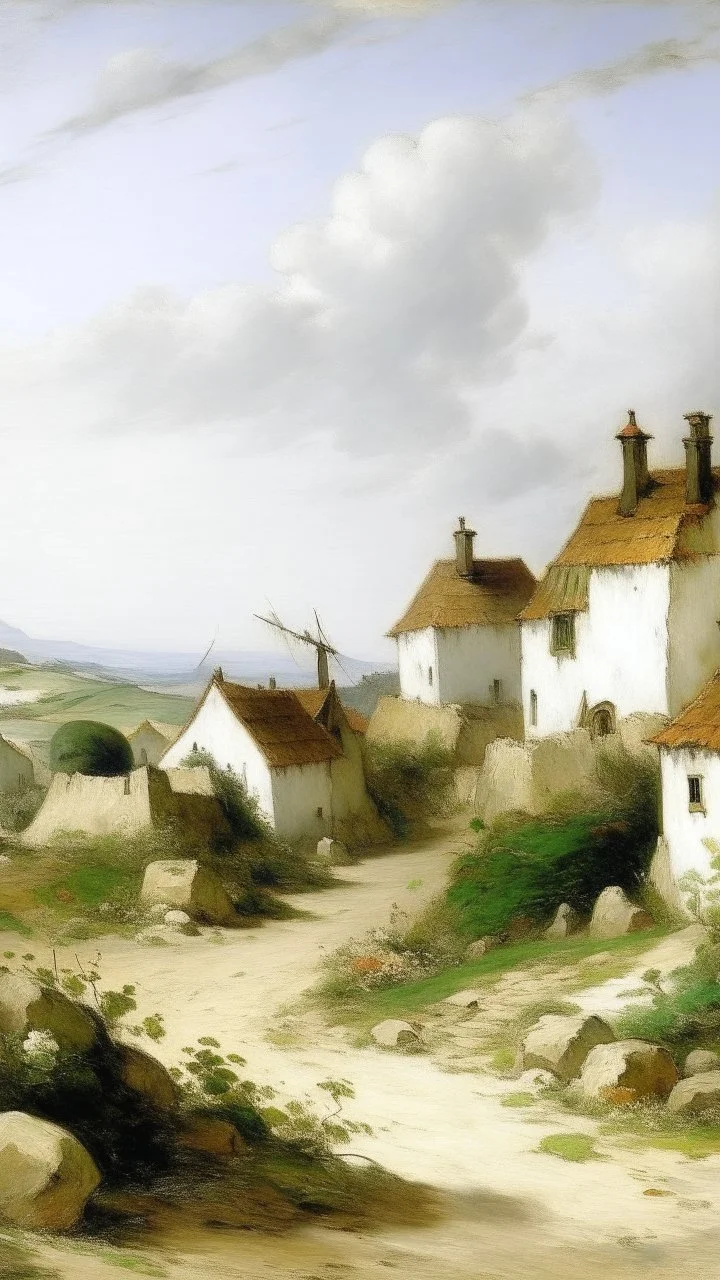 A white village with windmills painted by Gustave Courbet