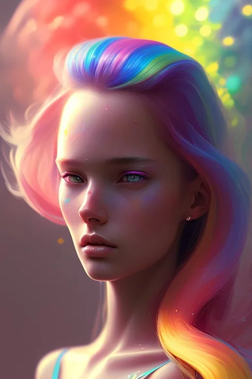 girl, cute, beautiful, long hair, rainbow hair, rainbows, close up portrait by Greg Rutkowski