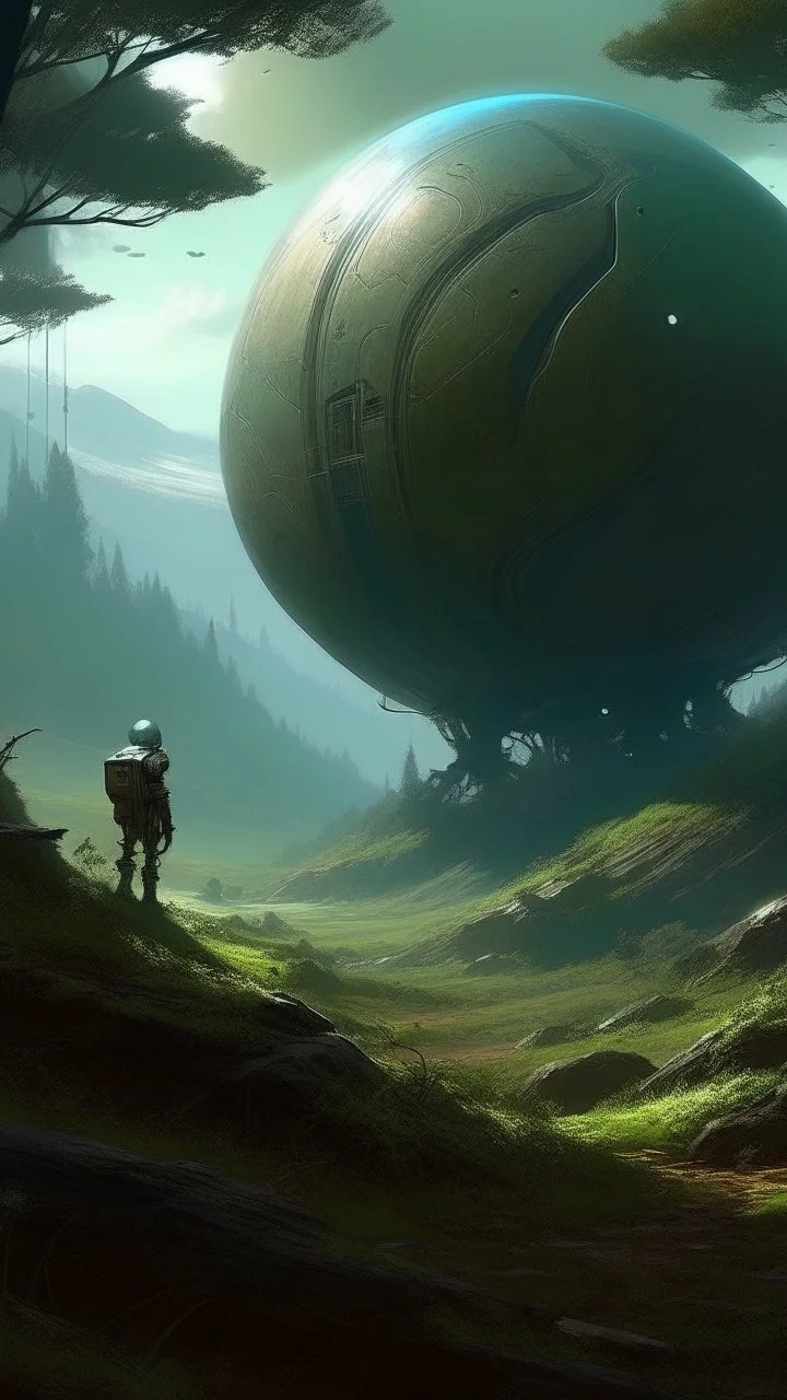 sci fi planet, monster companion, view from distance, forest