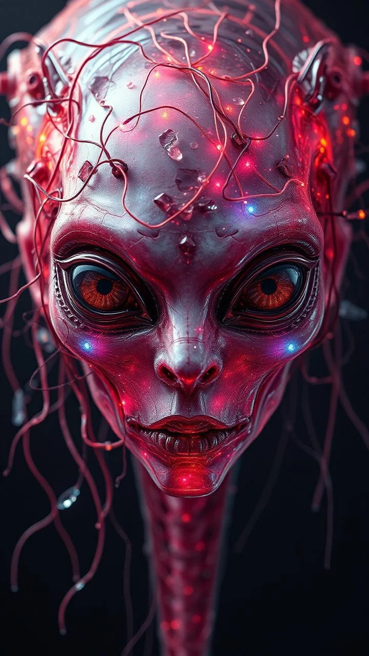 An alien face made of tangled, glowing threads and sharp, beautiful shards of glass, vulnerable and strong, surreal anatomy, emotional