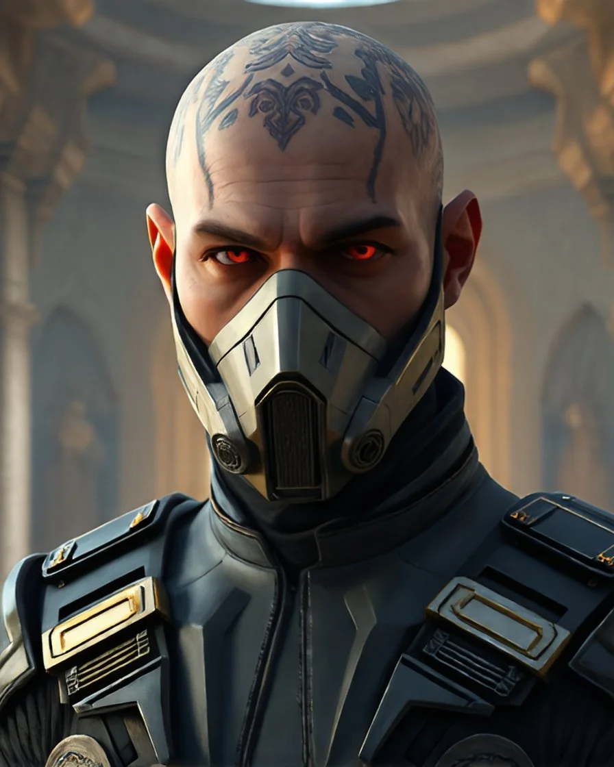 star wars heavily scarred head bald male corellian jedi wearing gunmetal grey and black old republic armored flightsuit and breath mask with gold and metallic red trim inside the jedi temple, centered head and shoulders portrait, hyperdetailed, dynamic lighting, hyperdetailed background, 8k resolution, volumetric lighting, light skin, fully symmetric details