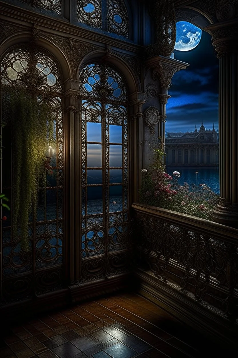 the balcony of the palace, moonlight, beautiful flowers, the surface of the water under the balcony like a mirror, mega-detailed drawing of small fine details, photorealistic drawing with colored pencil + pastel, ink, bright, botanical, fantasy, medieval atmosphere, cinematic, Art Nouveau, the camera is aimed at the object