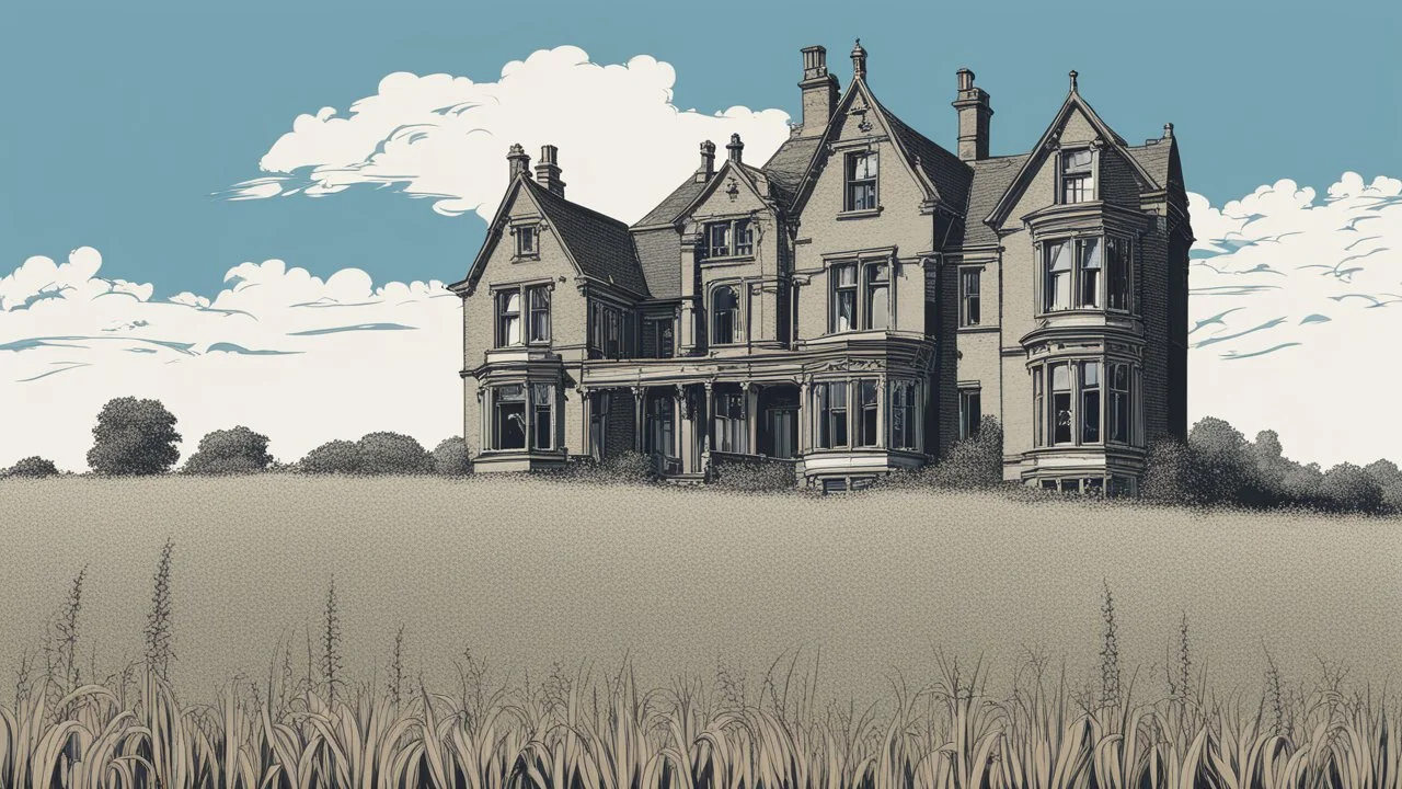 disused, Victorian manor house, blue sky, over-grown fields, vector art