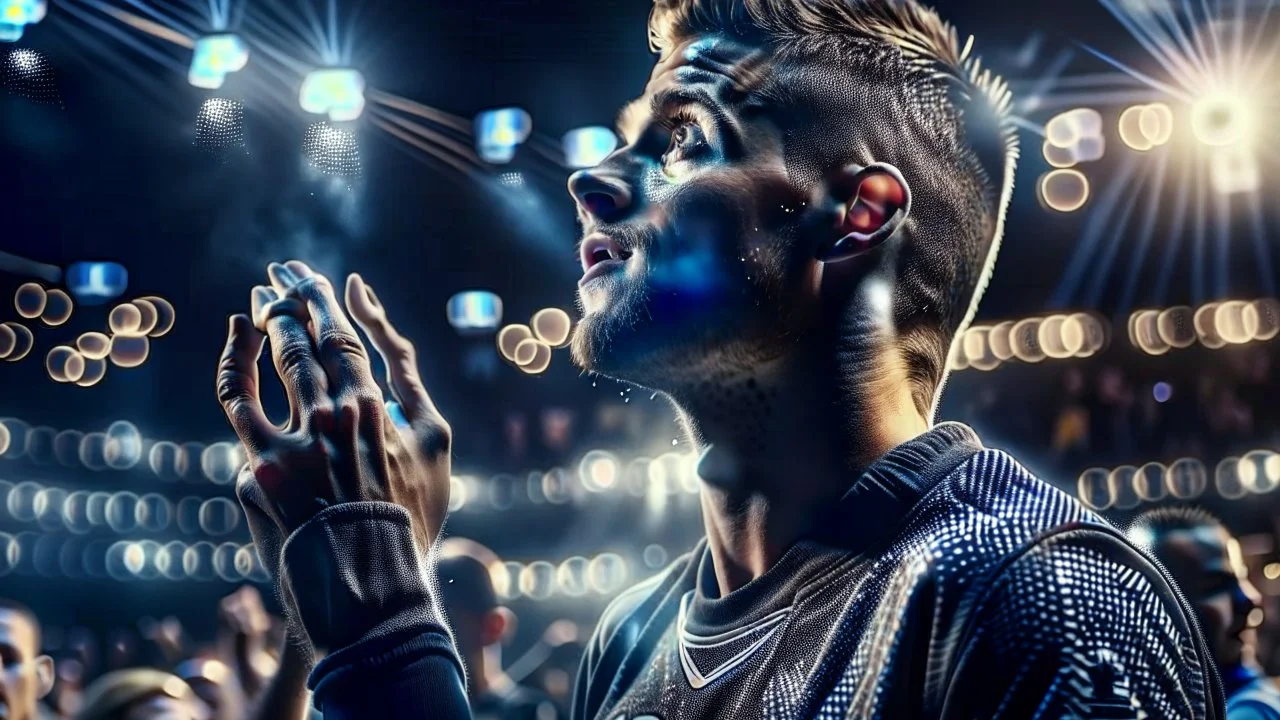 footballer giving a respectful salute to fans after a match, intricately detailed face, Professional photography, bokeh, a breathtaking background cinematic side light, medium shot, shot on dslr 64 megapixels sharp focus, canon lens, Hyperrealistic, concept art, 16k resolution