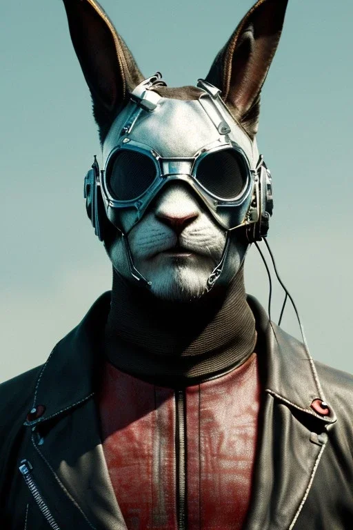 Medium Close Up Portrait, Front image. cyberpunk, rabbit mask, british man, white short hair. leather, titanium suit. White, black, red, color. Mad max style. Color background, photo studio. Avatar image, highly detailed, concept art, smooth, unreal engine 5, god rays, ray tracing, RTX, lumen lighting, ultra detail, volumetric lighting, 3d, finely drawn, high definition, high resolution.