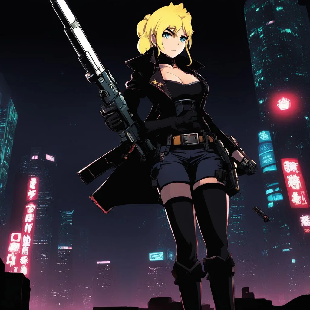 [wii No More Heroes style] Nav Girl with big gun in the dark megacity one