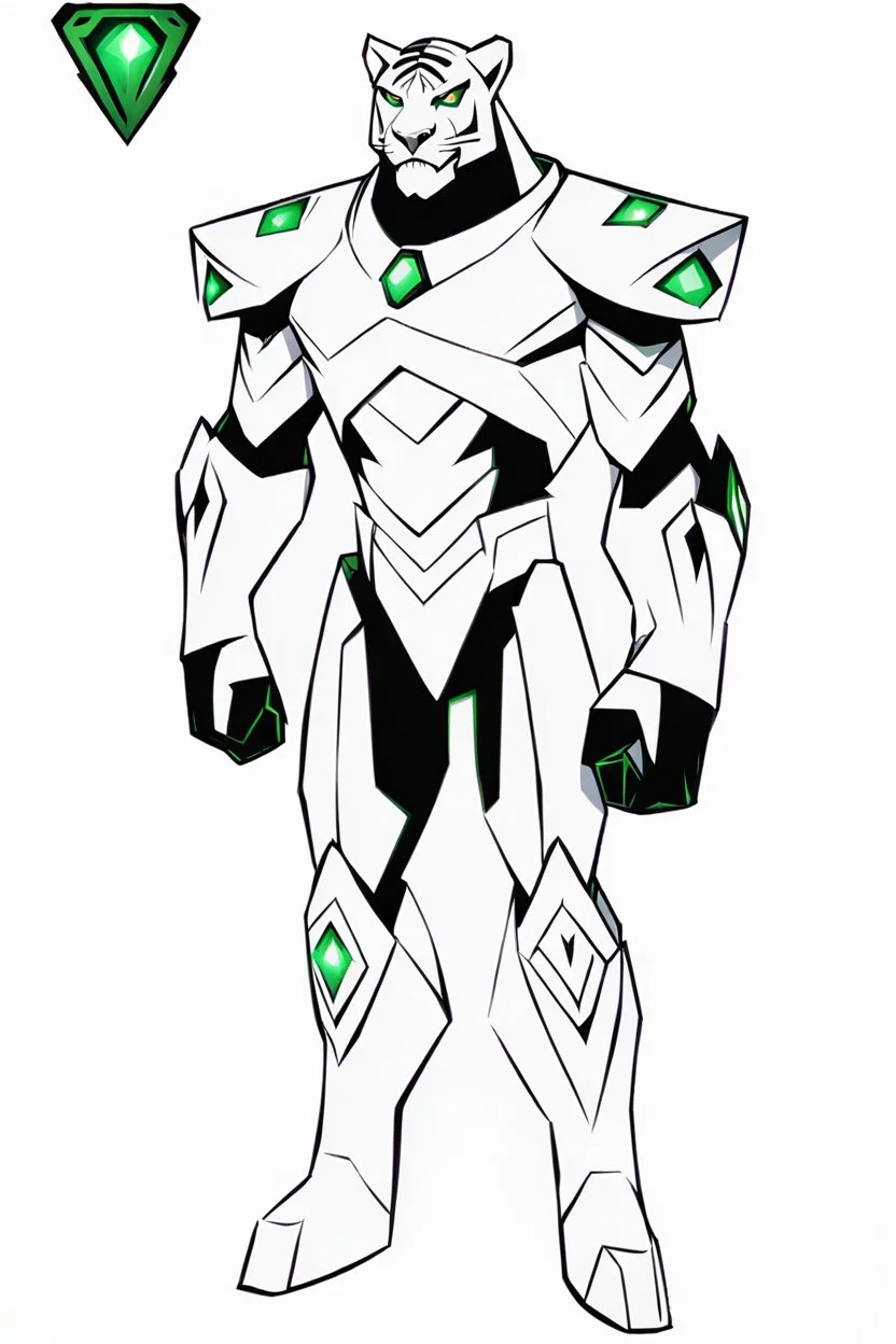 A new space creature from Ben 10 cartoon. Strong and graceful. From the White Tiger faction. Advanced hybrid metal golem. And the diamonds. He has a glowing green tattoo in the shape of old magic words