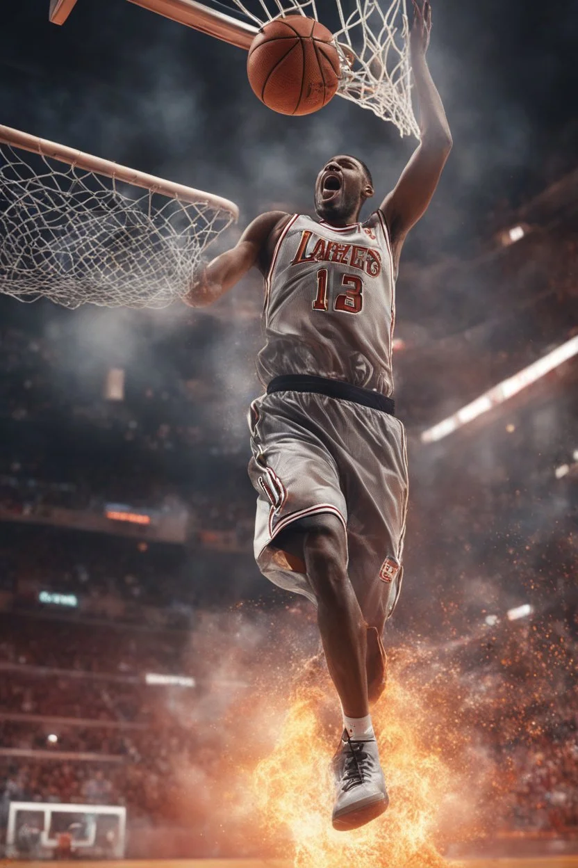 8k, highly realistic and detailed image of a NBA basketball player in action dunking the ball in the net, sweaty hair, screaming look,action and smoke and flames background