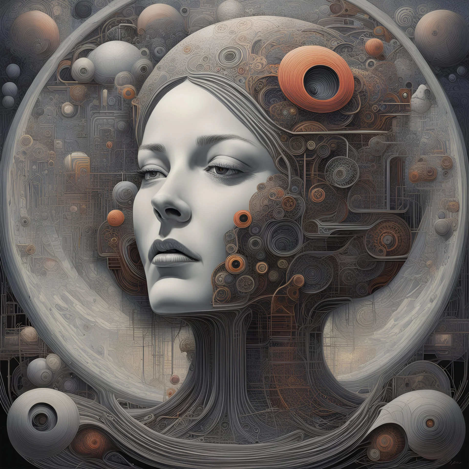 She dreams of happy machines, surreal art by Derek Boshier, Rene Laloux, Alex Figini, Victor Vasarely, Aaron Horkey, Stanley Donwood, Max Ernst, Dennis Björk, sharp focus, clean, intricately detailed