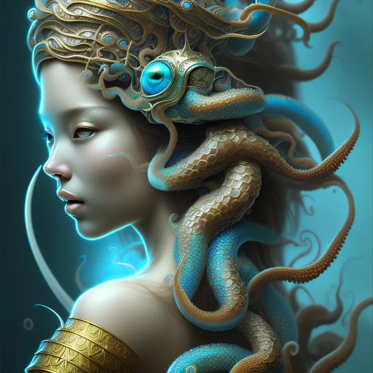 Sango fantasy, fantasy magic, intricate, sharp focus, illustration, highly detailed, digital painting, concept art, matte, art germ and Paul Lewin and Kehinde Wiley, masterpiece Indonesian lady head bronze octopus Asian African girl nice breast Thai hair turquoise silver blue waves