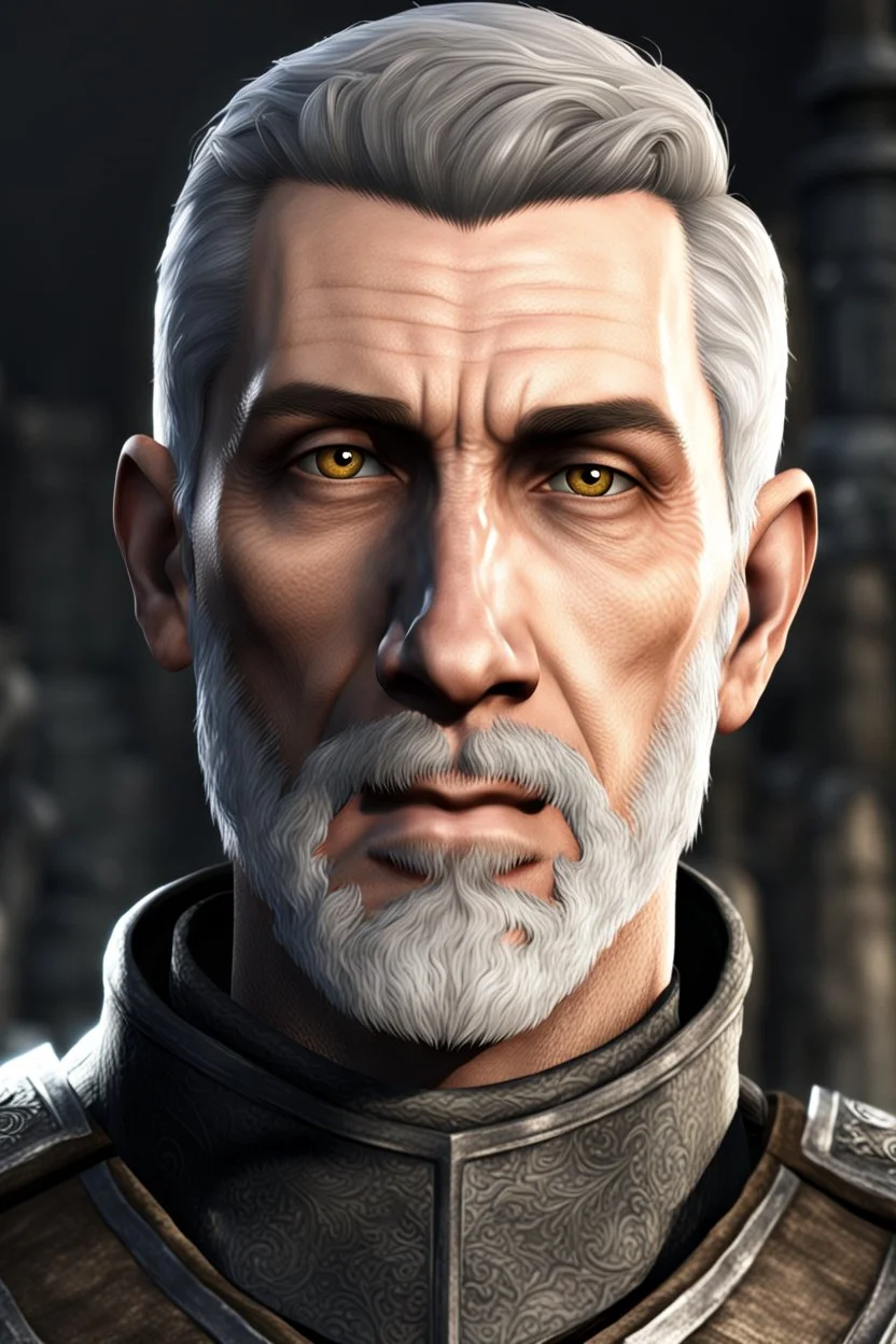 An old male imperial legion soldier from Skyrim with brown eyes, short gray hair and a light beard, Roman Legion style