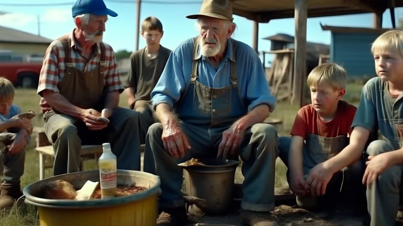 In a mesmerizing combination of brilliant and fading shades, photorealistic,an insanely detailed photographof a family get together of flimsy ugly and dirty kentucky hill billy farmers in ragged overall and holed shoes, eating from a carbage bins outside a mcdonald restaurant 8k UHD